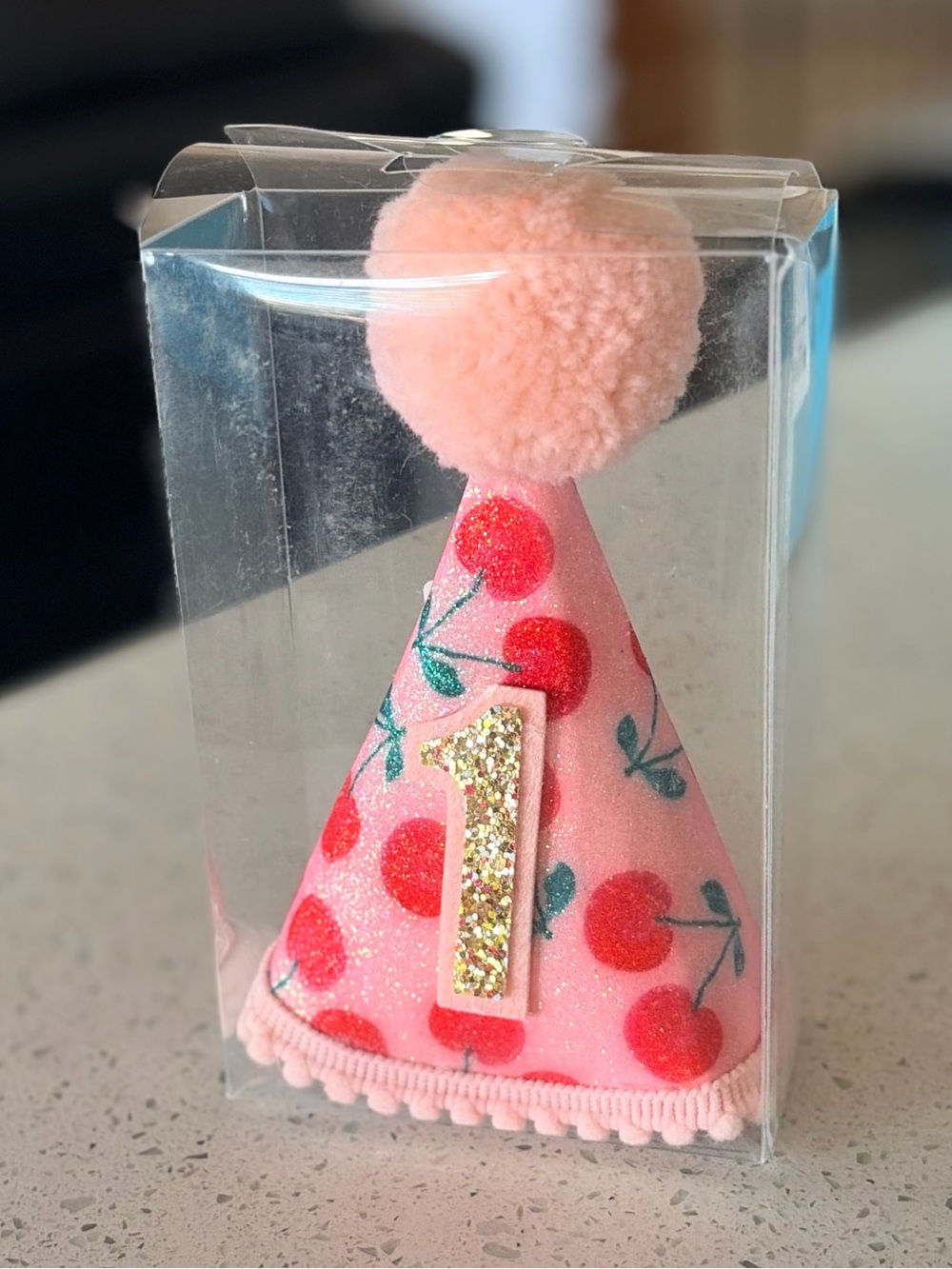 Baby Girl’s Pink Cherry First Birthday Party Pom Pom Hat